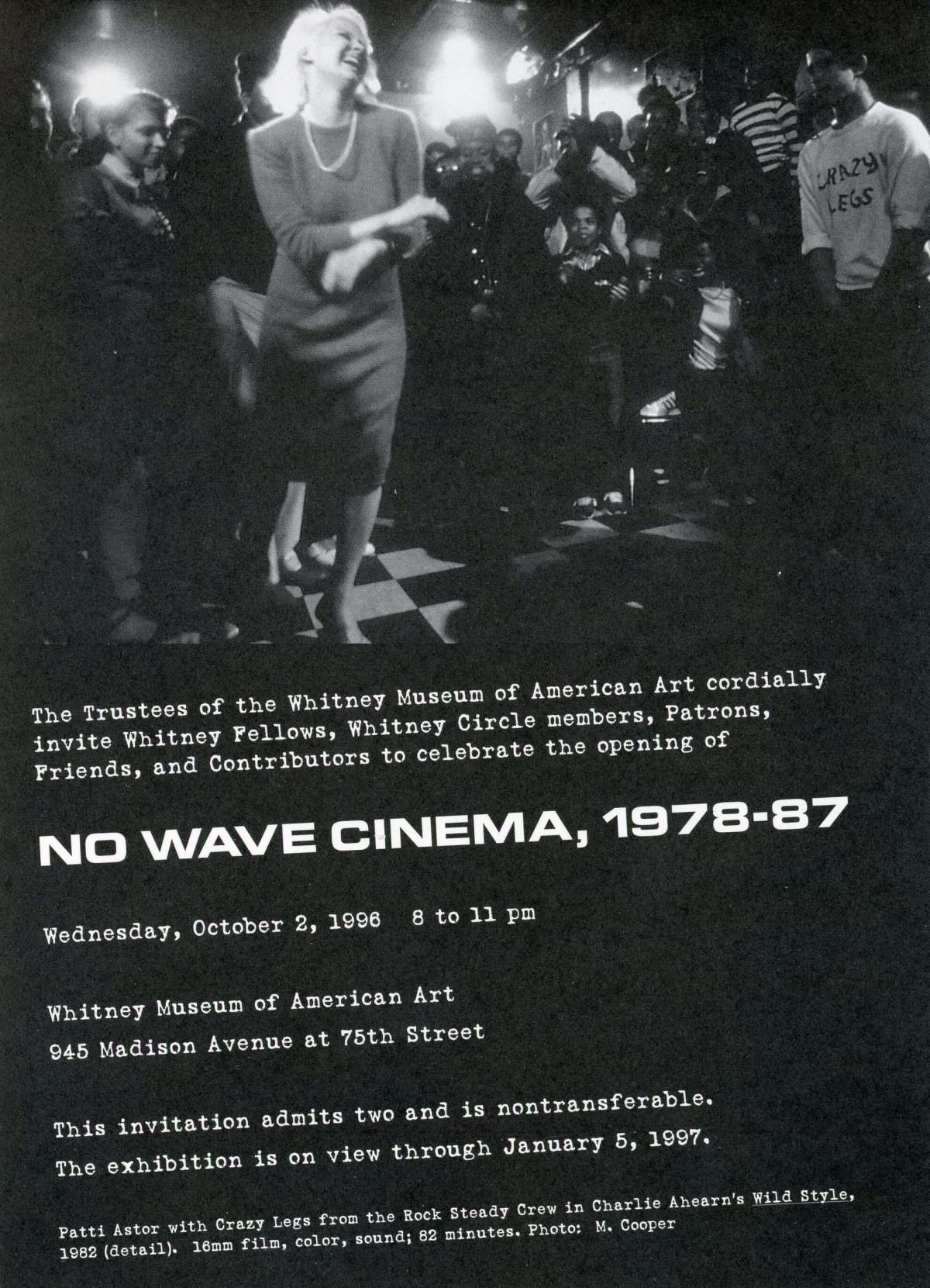 Whitney Museum, No Wave Cinema, 1978-87, Card, 1996