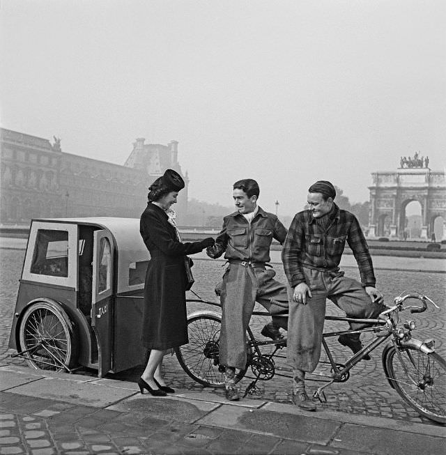 Bicycle taxi at the Louvre, Paris, 1943.