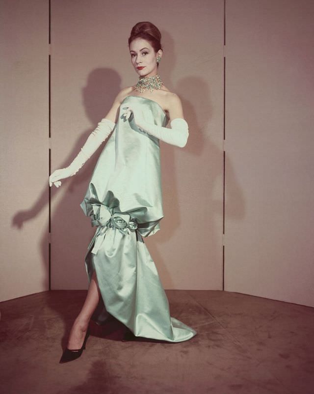 Sky blue satin evening gown by Yves St. Laurent of the House of Dior. Fall-Winter 1959-1960.