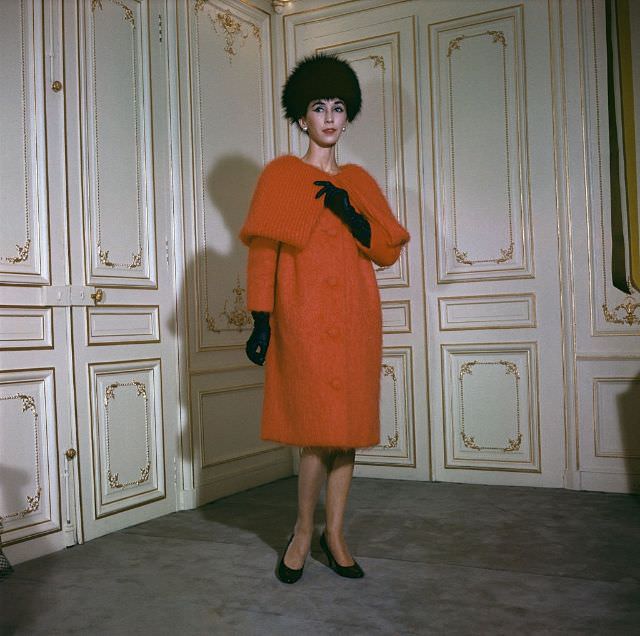 Orange mohair wool coat by Pierre Cardin. Fall-Winter 1958-1959.