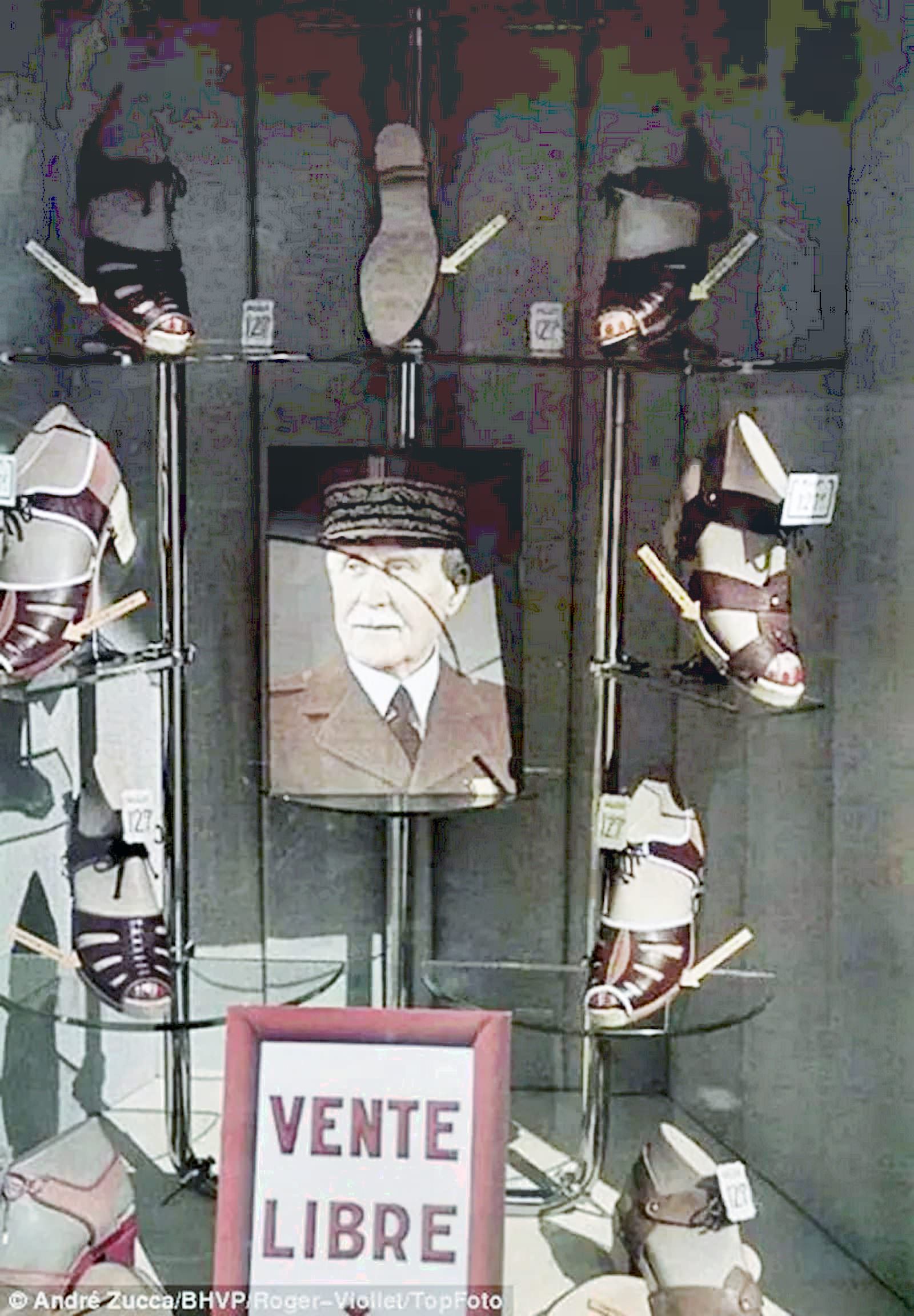 Marshal Philippe Pétain, a hero of the First World War who became the head of the Vichy government during the Nazi occupation, is the centerpiece in a shoe shop’s window display.
