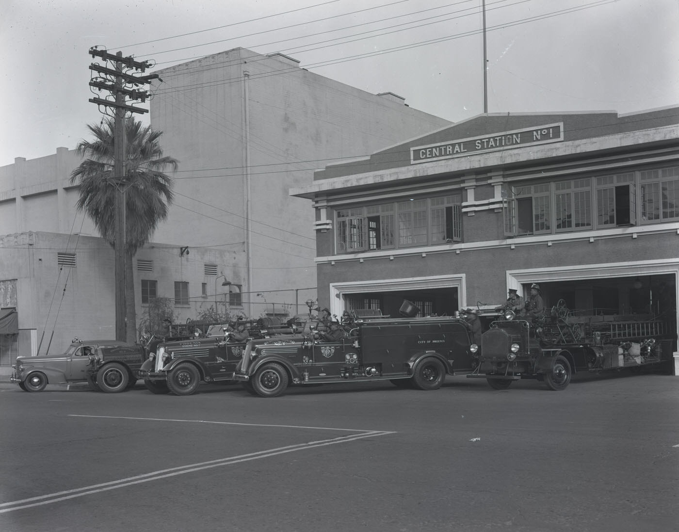 Phoenix Fire Department Central Station #1 with Fire Trucks Parked in Front, 1930s