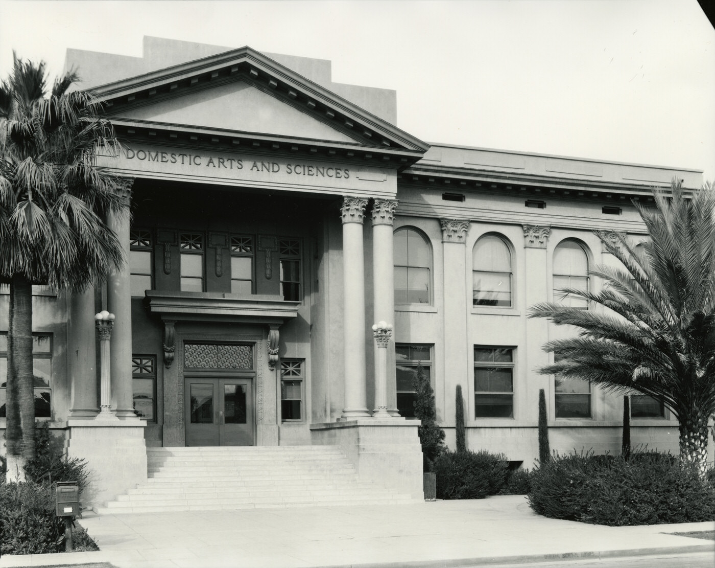 Phoenix Union High School Exterior, 1930s. Phoenix Union High School was located on Van Buren Rd. in Phoenix.