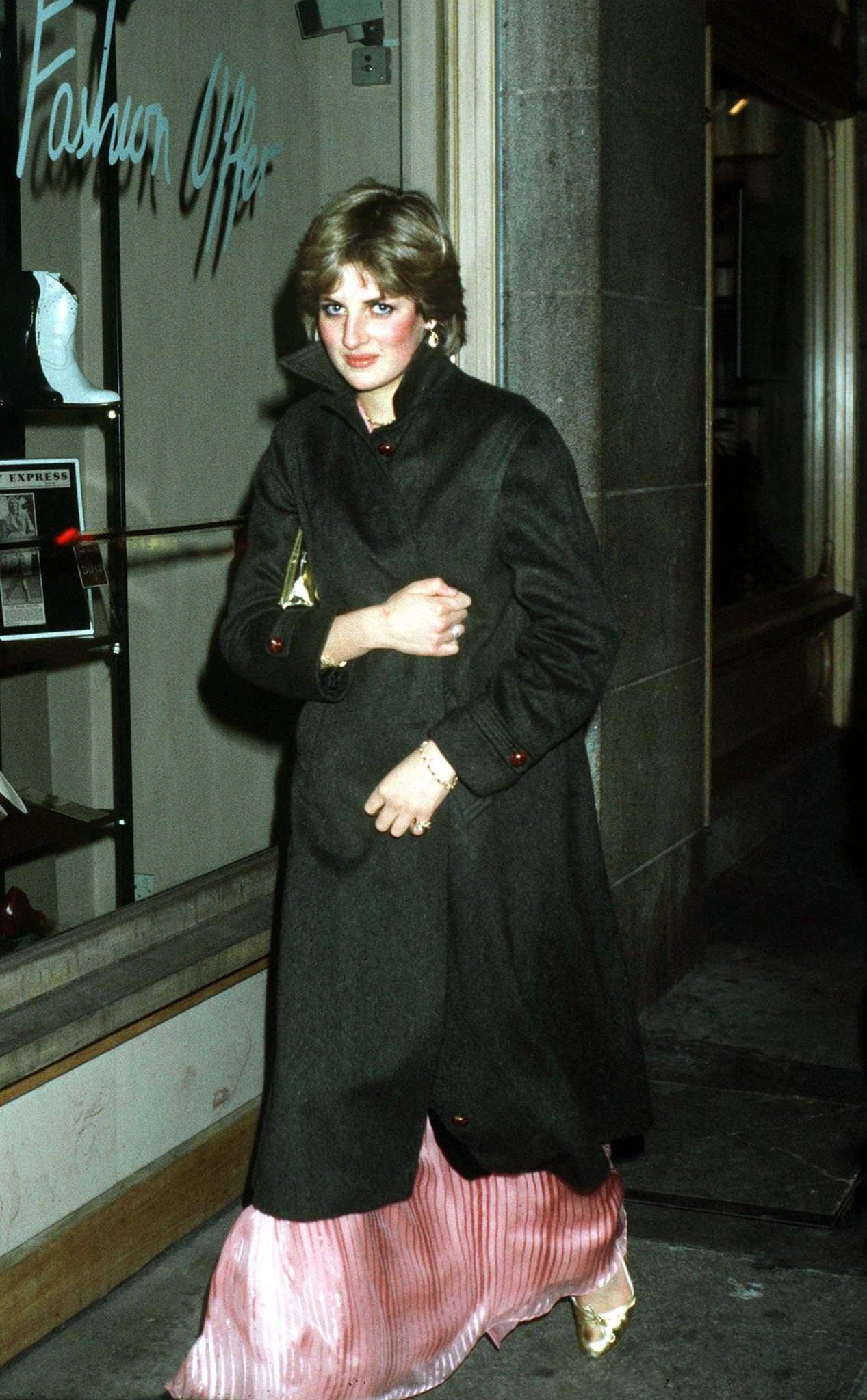 Lady Diana Spencer leaves the Ritz Hotel in London after attending Princess Margaret's 50th birthday party, November 1980.