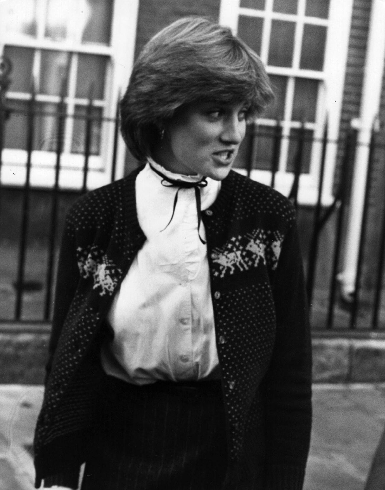 Lady Diana Spencer, fiancee to the Prince of Wales and younger daughter to the Earl of Spencer, outside her flat in Earls Court.