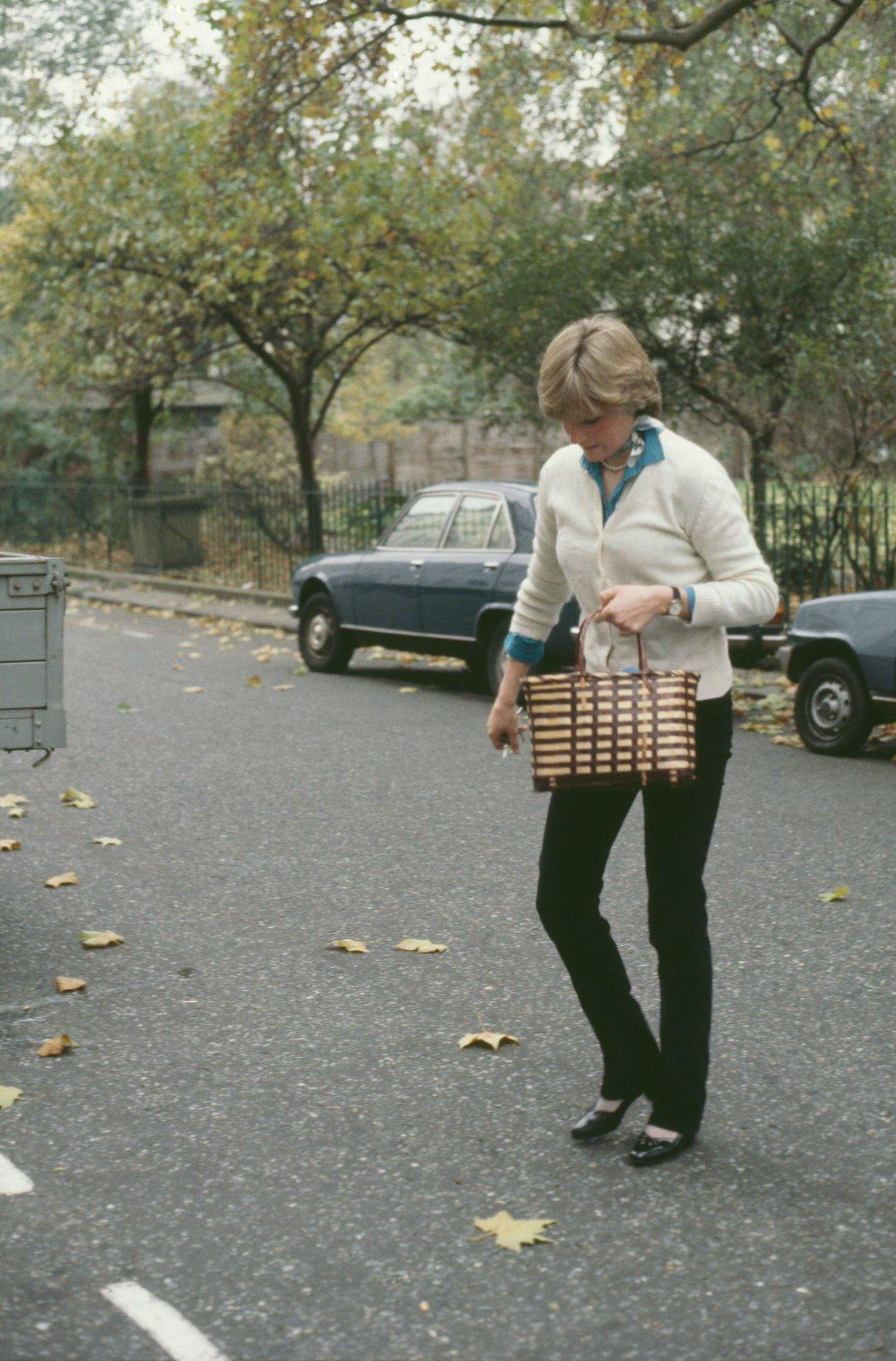 Lady Diana Spencer outside her London flat on Coleherne Court, 1980