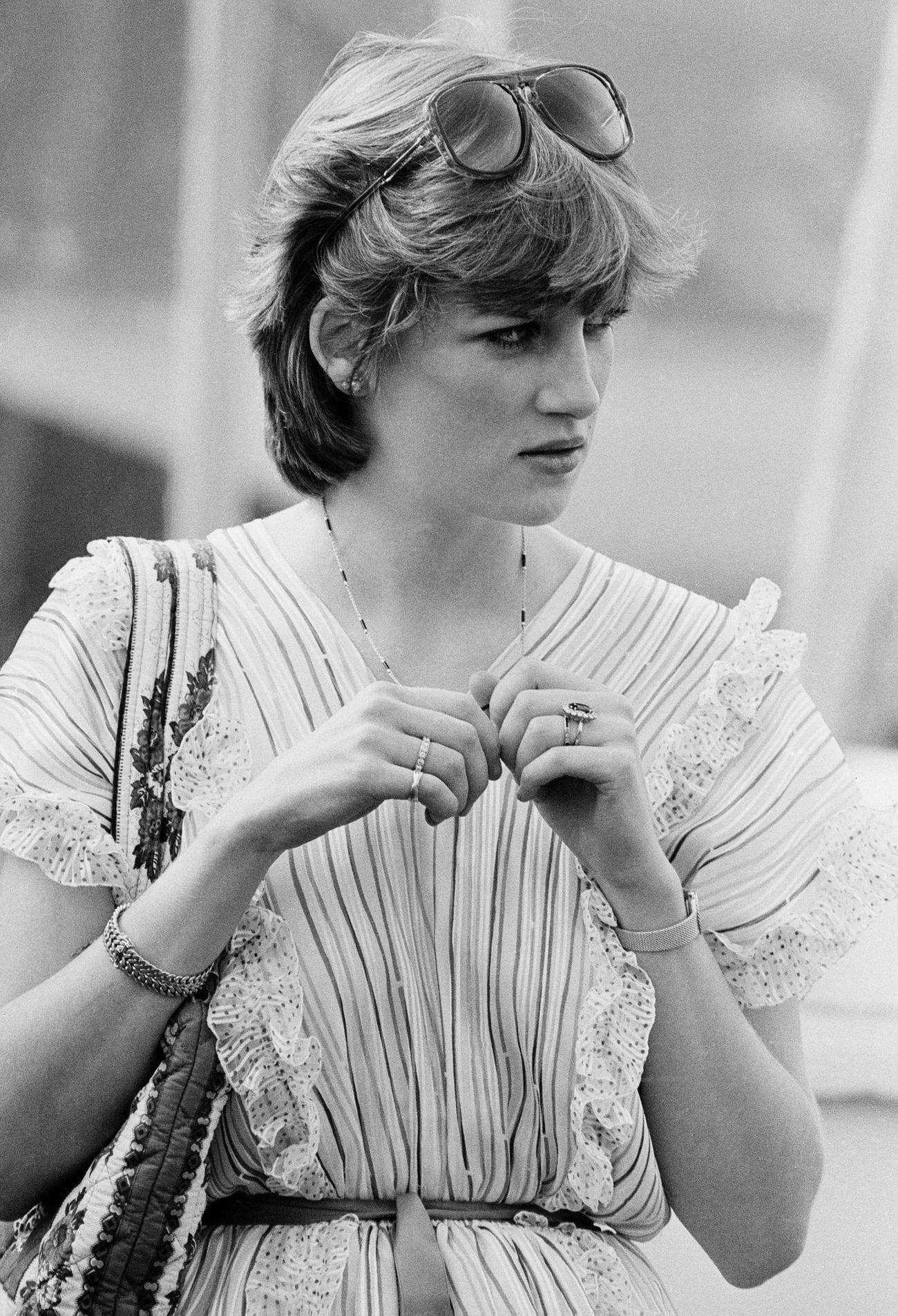 Lady Diana Spencer watching Prince Charles play polo, 1981