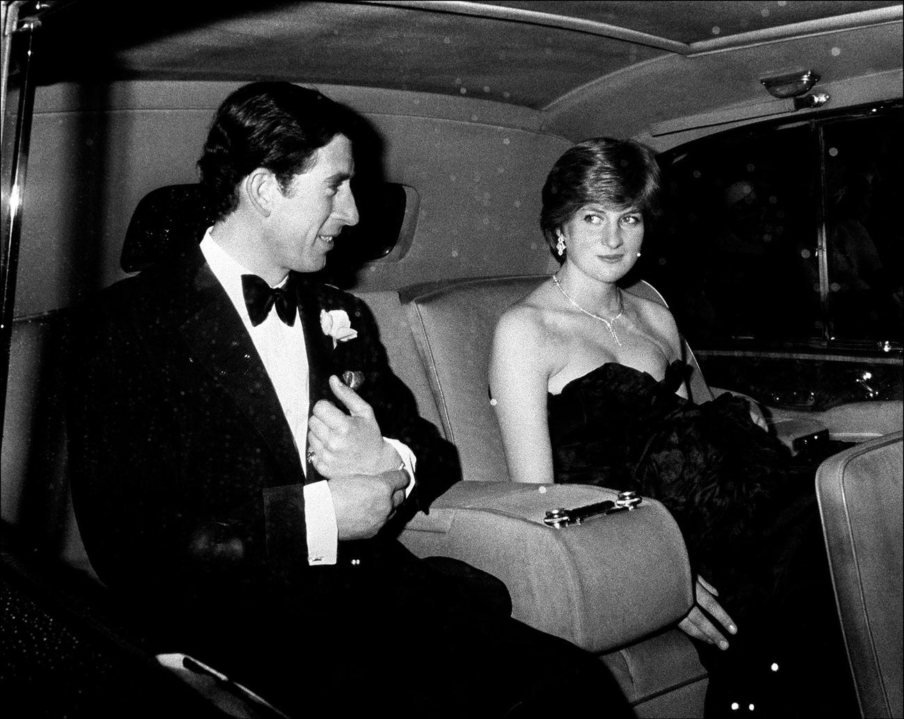 The Prince of Wales and his new fiancee Lady Diana Spencer arrive at Goldsmith Hall in London for a charity recital, March 1981.