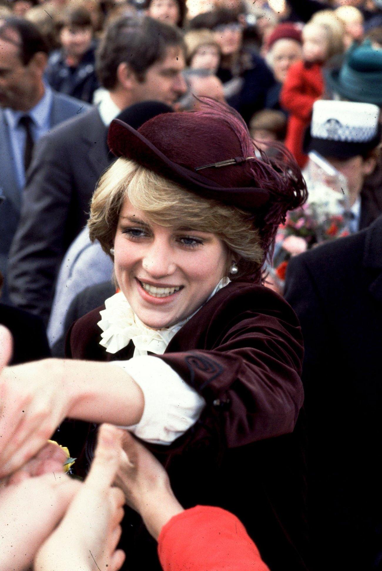 Diana, Princess of Wales 1981. She is wearing a plum-coloured hat by John Boyd.