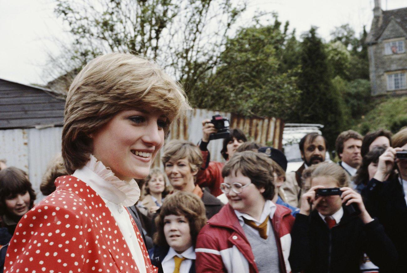 Lady Diana Spencer visits the town of Tetbury in Gloucestershire, shortly after her engagement to Prince Charles, 22nd May 1981. She is wearing a Jasper Conran suit.