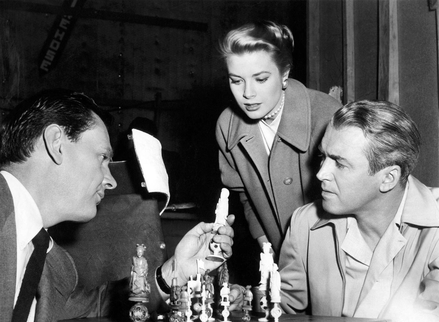 Wendell Corey, Grace Kelly and James Stewart on the set of Rear Window