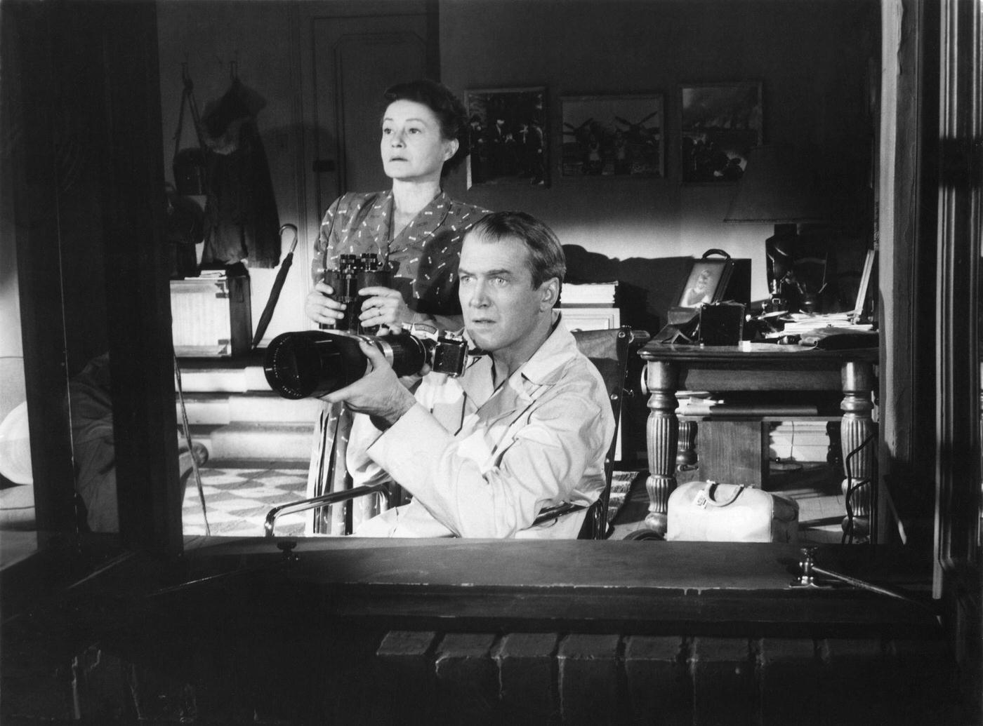 Thelma Ritter and James Stewart on the set of Rear Window