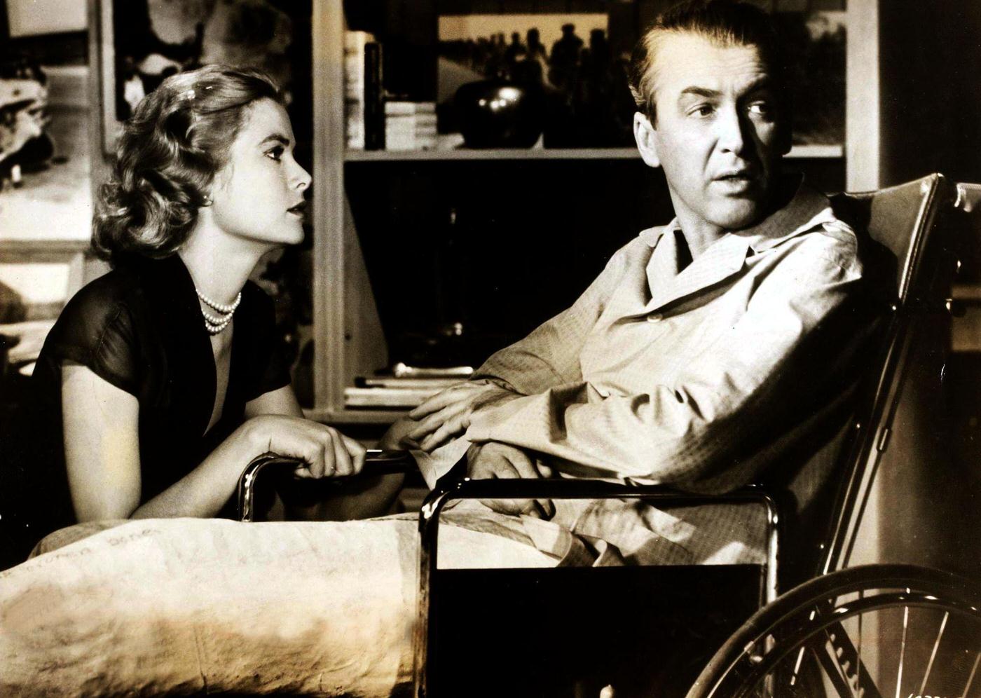 James Stewart and Grace Kelly in a still from the Alfred Hitchcock classic film "Rear Window", 1954