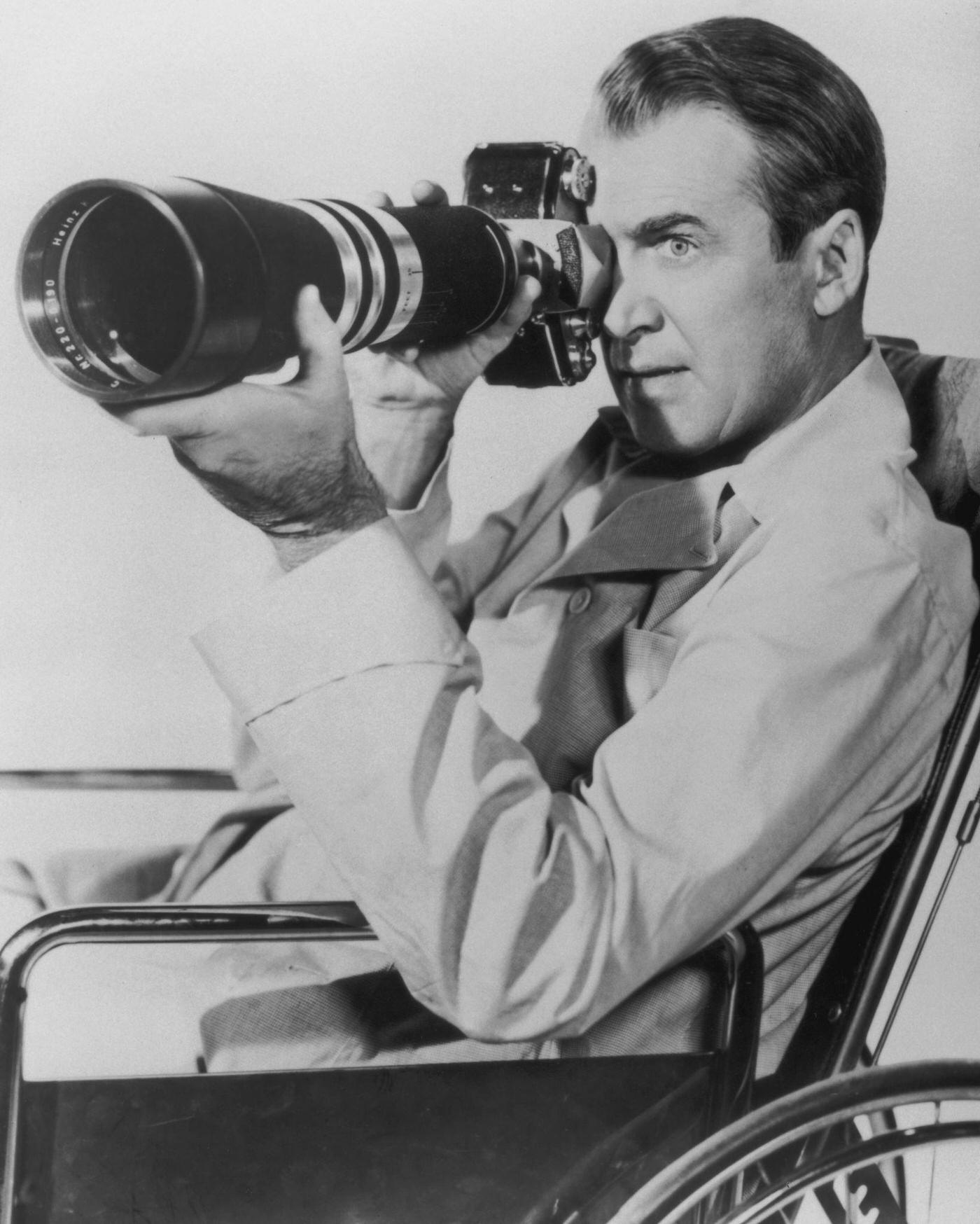 James Stewart as wheelchair-bound photographer L. B. Jefferies in a publicity still for 'Rear Window', 1954.