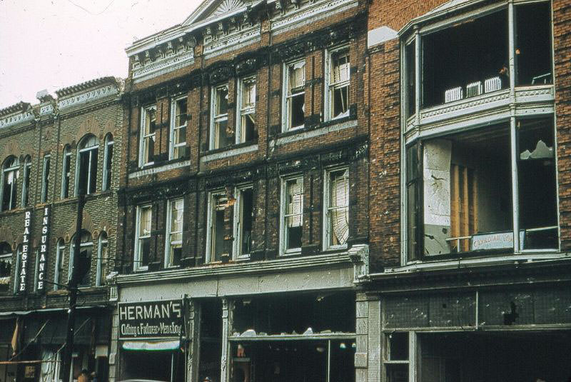 East side of Front St. between Lochiel and Cromwell Sts. showing tornado damage to the Barr building and the Mackenzie-Milne building