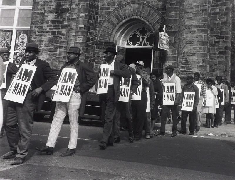 Sanitation workers assemble in front of Clayborn Temple for a solidarity march, Memphis, Tennessee, 1968.