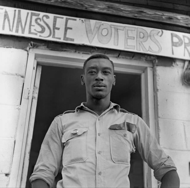 Student volunteer working to register voters, 1964-65.