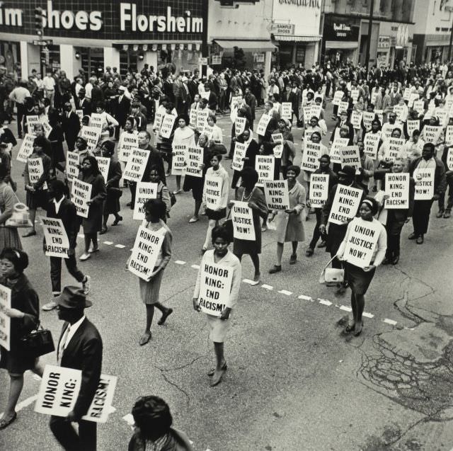 Memorial March after assassination of MLK, Main St Memphis, 1968.