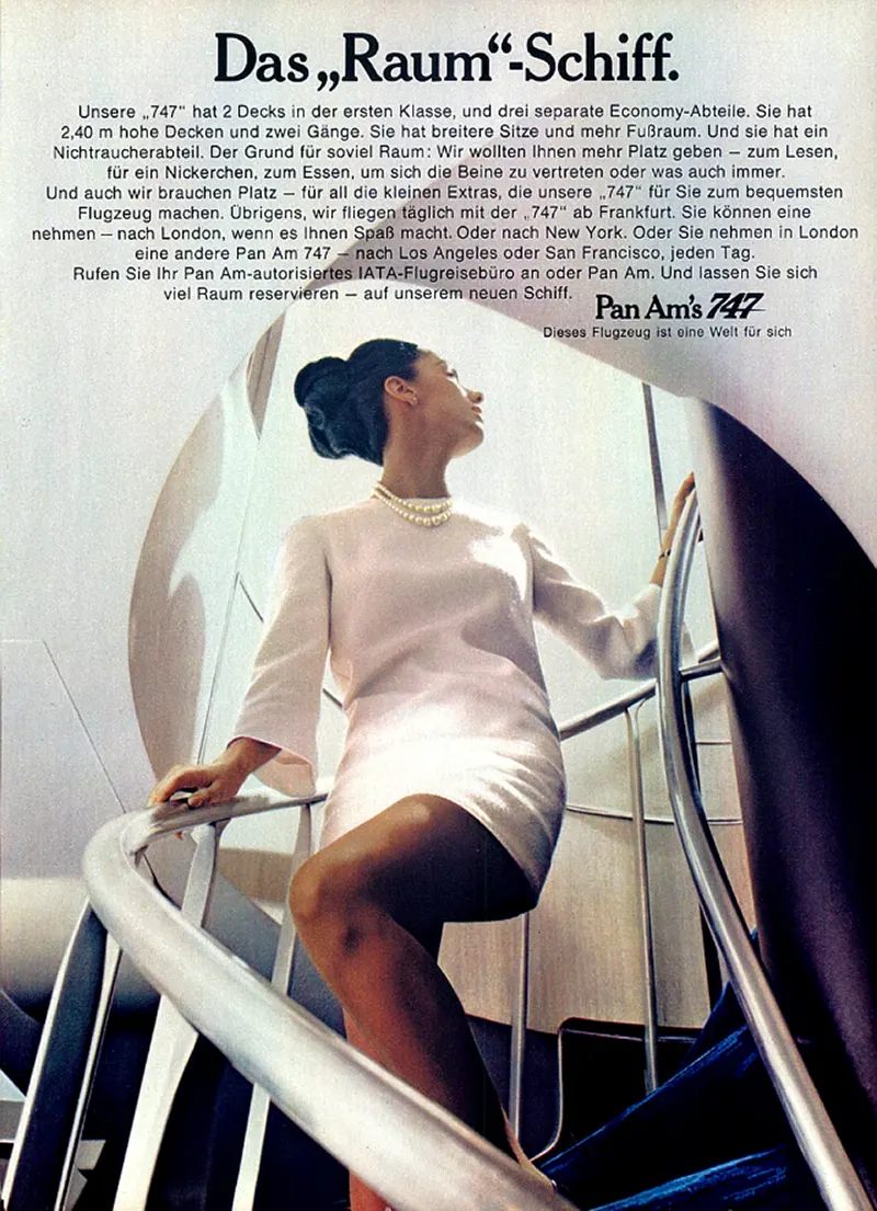 This Pan-Am advertisement in German shows upward view of a miniskirted lady.