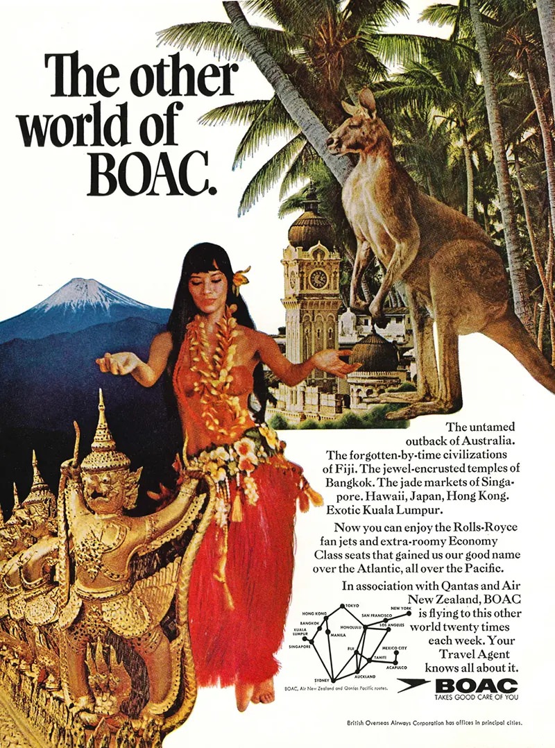 British Overseas Airways Corporation “takes good care of you.” (By putting gyrating hula dancers front and center.)