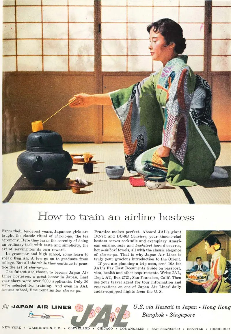 Japan Air Lines does it again, demonstrating just how well-versed its “fairest” of the fair stewardesses are in the womanly arts. 1959.