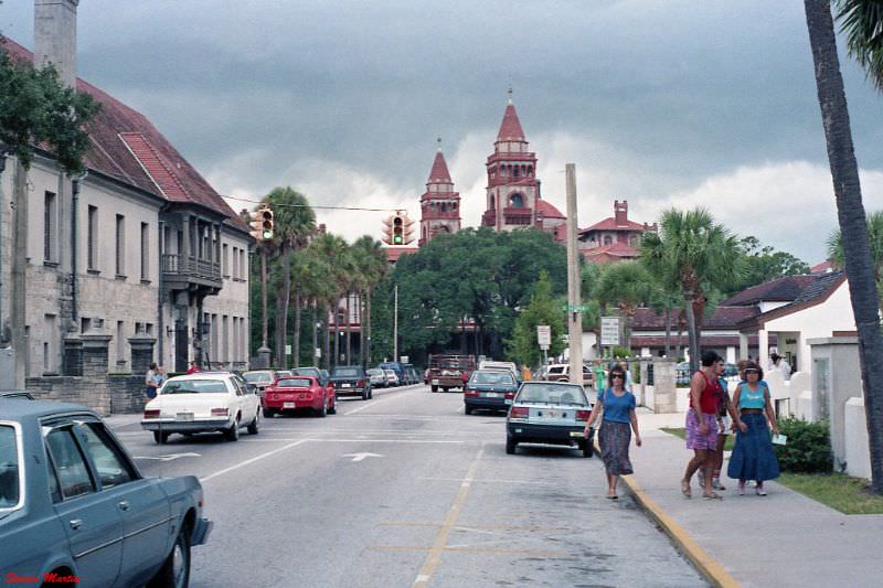 Cathedral Place, looking west. View is toward the old Ponce de Leon Hotel, now Flagler College. The Government House is on the left, St. Augustine, 1986