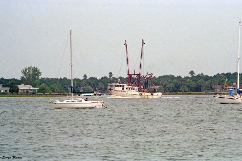Sailboats and a shrimp boat on the river on Matanzas River, St. Augustine, 1986