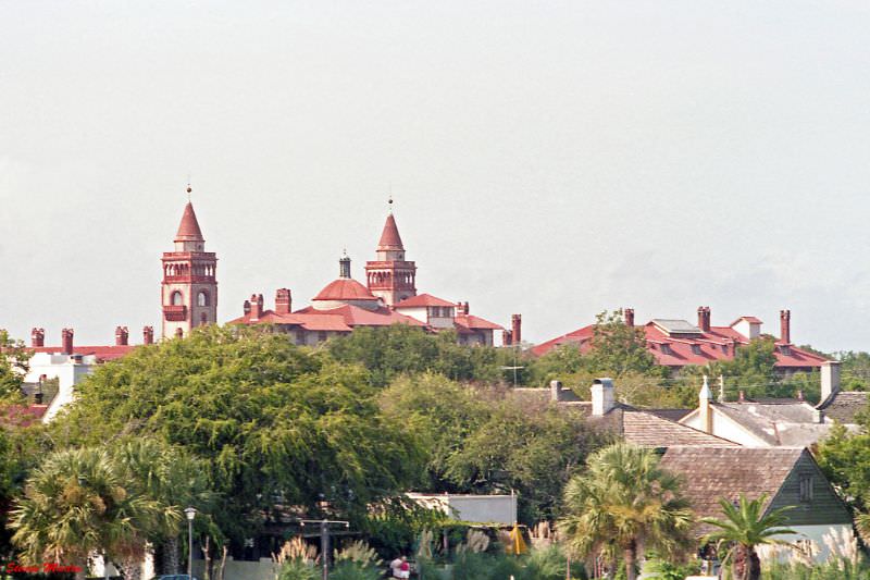 View from Castillo de San Marcos, looking toward the historic Ponce de Leon Hotel, which is now Flagler College, St. Augustine, 1986