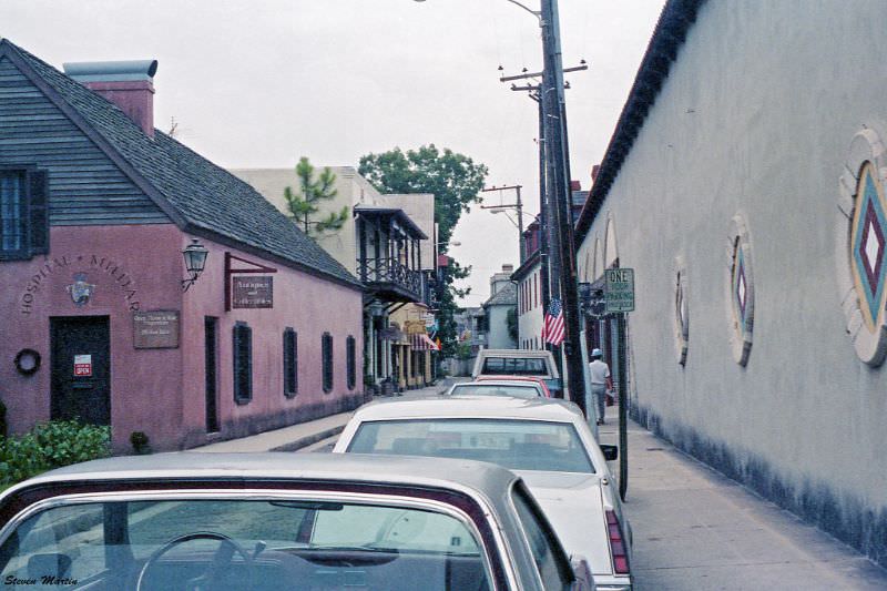 Aviles Street, the Hospital Militar, a reconstruction of a Spanish Colonial military hospital, is on the left, St. Augustine, 1986