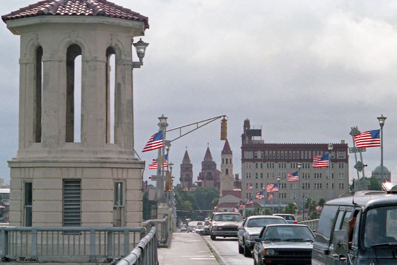 Bridge of Lions looking west toward the city skyline from the center of the bridge, St. Augustine, 1986