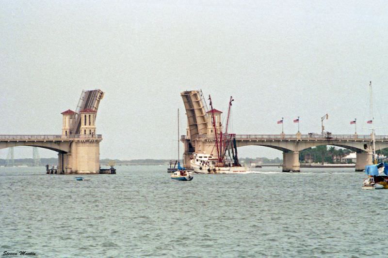 Bridge of Lions seen from the south, was open for a shrimp boat which is about to pass through, St. Augustine, 1986