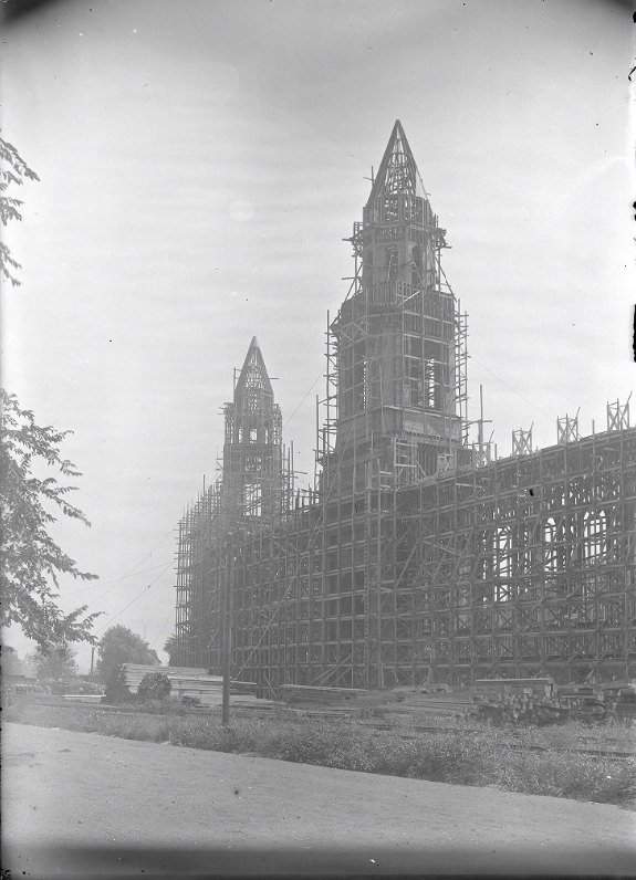Ground level photograph of construction for the World's Fair in Forest Park of Saint Louis, Missouri, 1900.