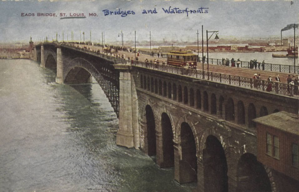 View of the Eads Bridge looking from St. Louis, Missouri towards East St. Louis, 1900