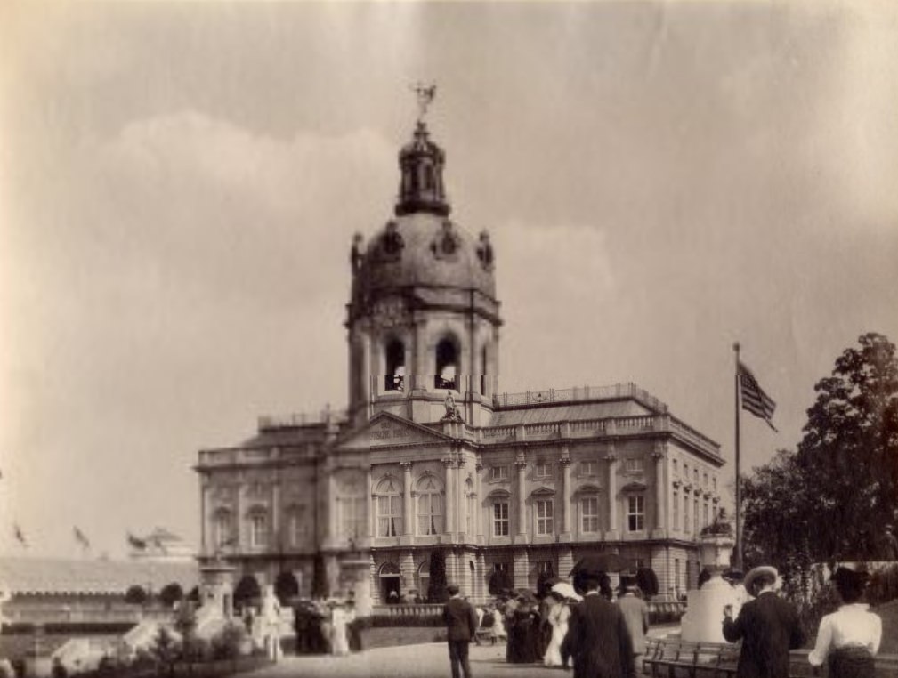 The German Pavilion at the 1904 World's Fair in St. Louis, 1900. This pavilion was best known for its bells which could be heard from a great distance.