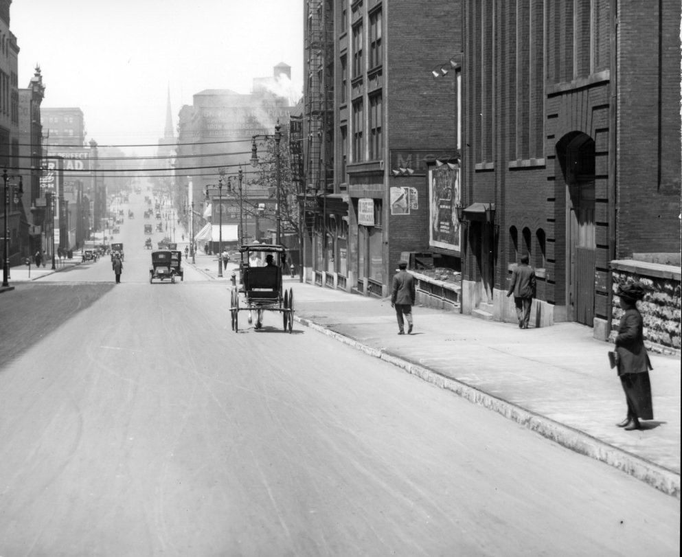 A wide view of Locust Street headed downhill toward 18th Street, 1900.