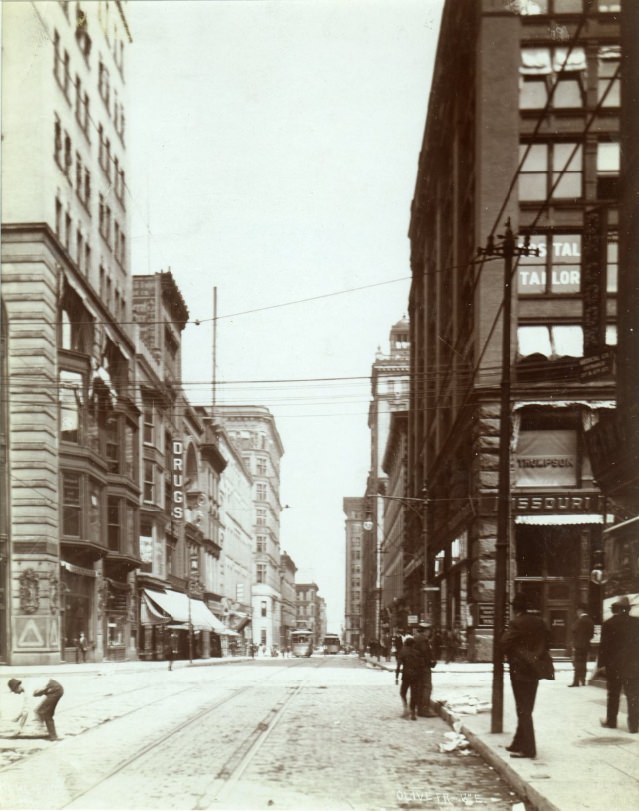 Olive Street in St. Louis looking east across Sixth Street, 1900