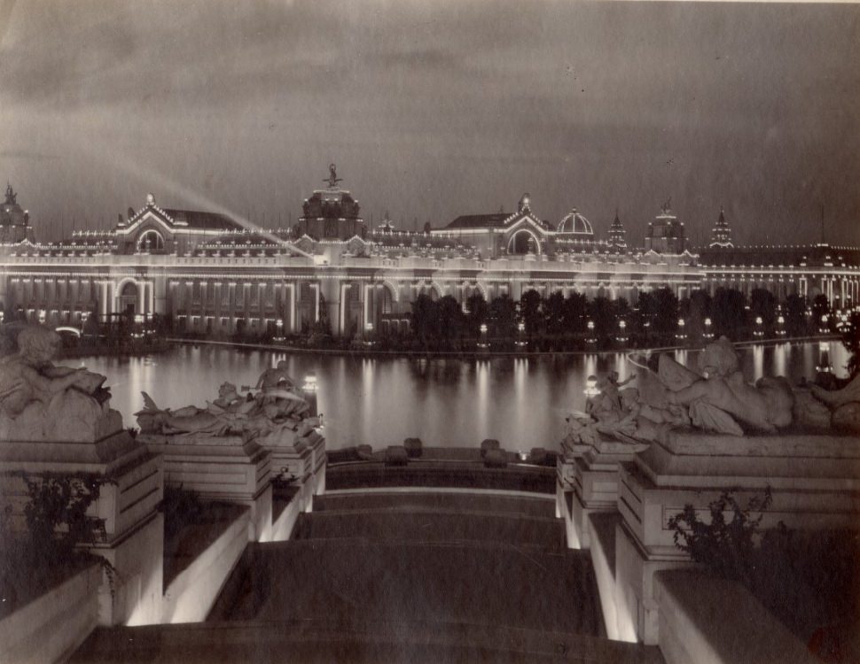Palaces of Electricity and Machinery, 1900. The image is of the buildings at night viewed from Art Hill looking across the Grand Basin.