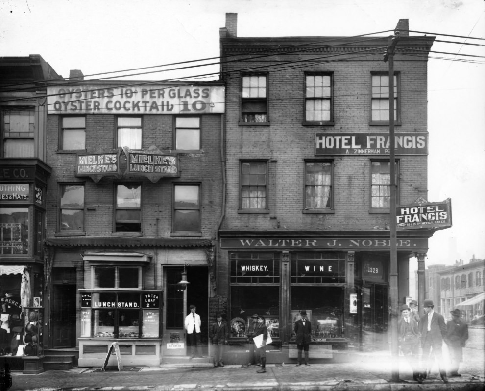 Mielke's Lunch Stand, the Hotel Francis and Walter J. Noble Whiskey and Wine store, 1900