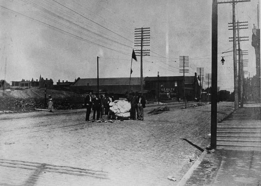 This huge boulder was rolled onto the tracks on North Broadway between Gano and John during 1900 streetcar strike.