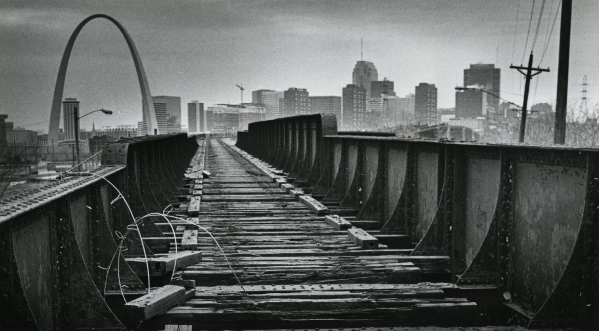 The old railroad bed on Eads Bridge that may be used for a light rail system, 1985
