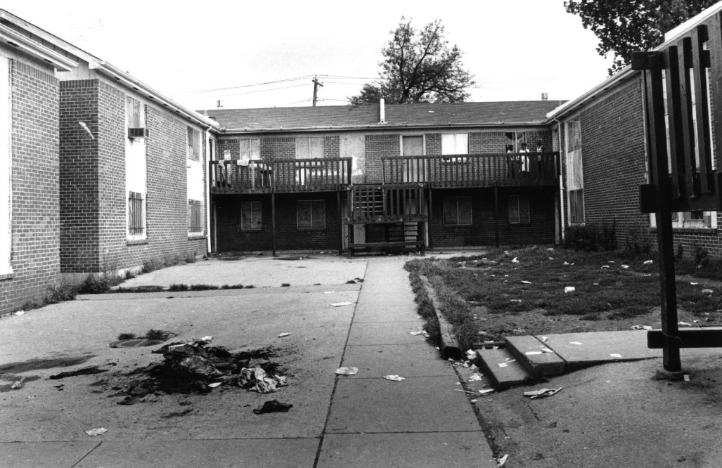 Courtyard of apartment group in the 5700 block of Cabanne Ave., 1985