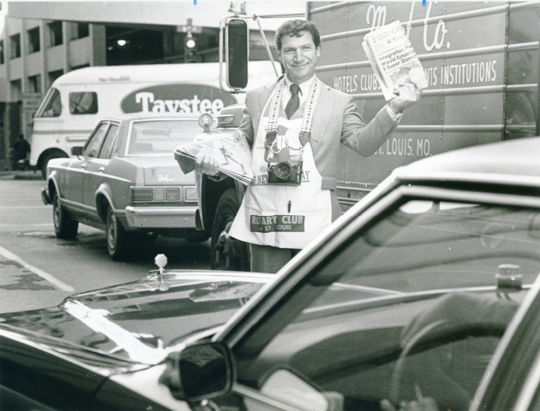 Joe Pieri, a Downtown Rotary Club member, took to the corner at 6th and Pine streets, 1981