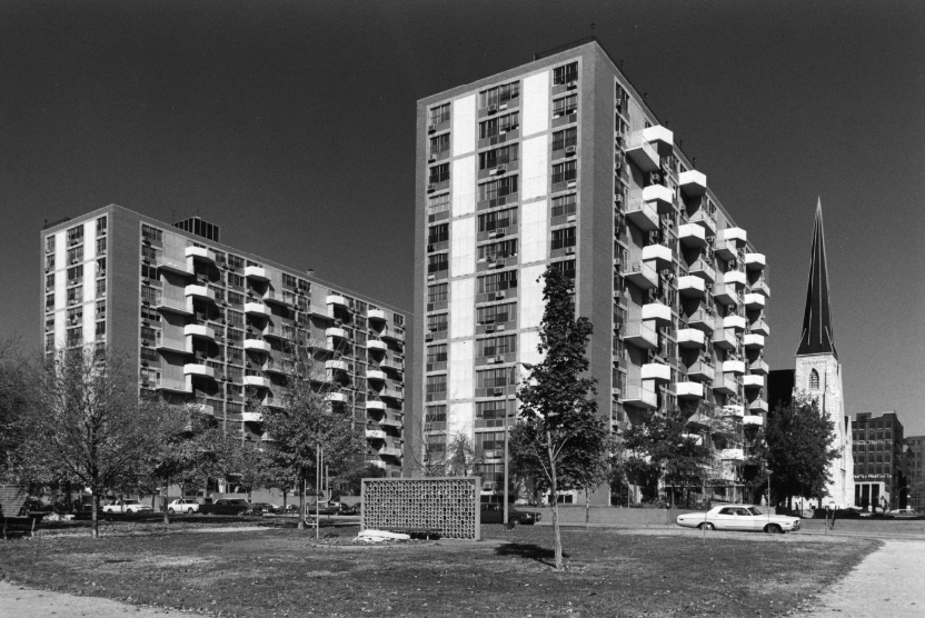 Plaza Apartments - Exterior side view, 1981