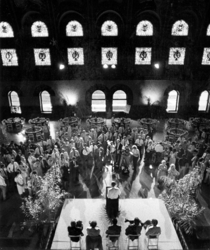 Media and friends gather at the ground breaking and kickoff of the $100 million plus Union Station Redecelopment (sic) project, 1983