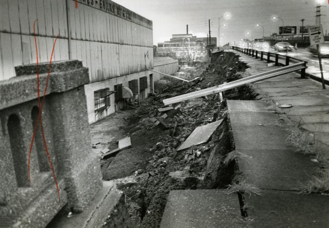 The retaining wall on the Union Boulevard bridge collapsed Nov. 26, taking a sidewalk and part of the boulevard's northbound lanes with it, 1983