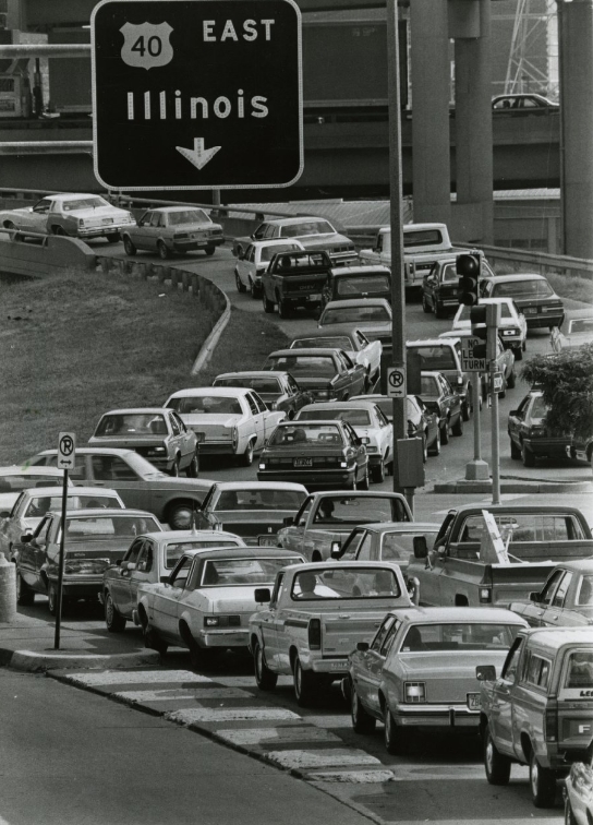 Heavy Traffic On Poplar Street Bridge Toward Prairie State, 1986
