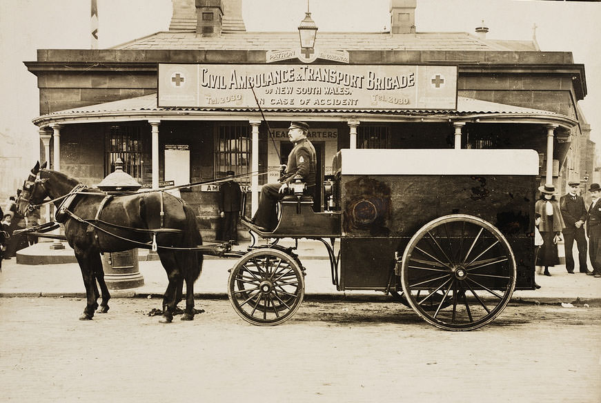 Horsedrawn ambulance outside Civil Ambulance & Transport Brigade headquarters, corner of George & Pitt Sts opposite the Benevolent Asylum, now Central Square, 1889