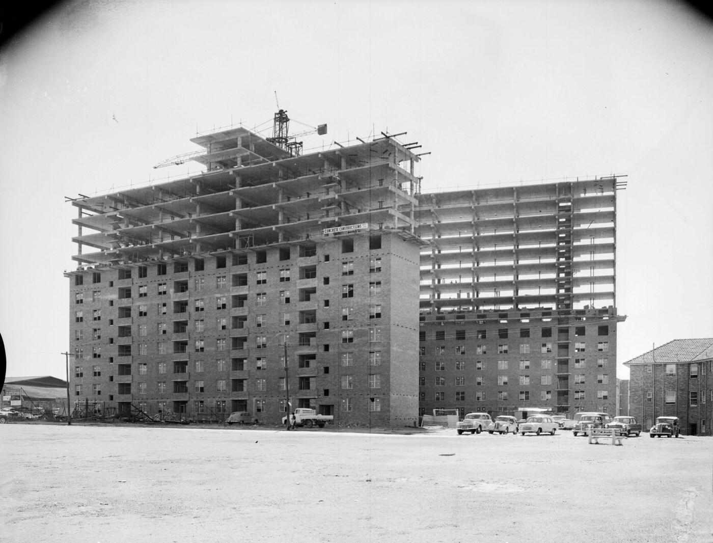 New housing commission flats are under construction in Surry Hills, Sydney, 1960