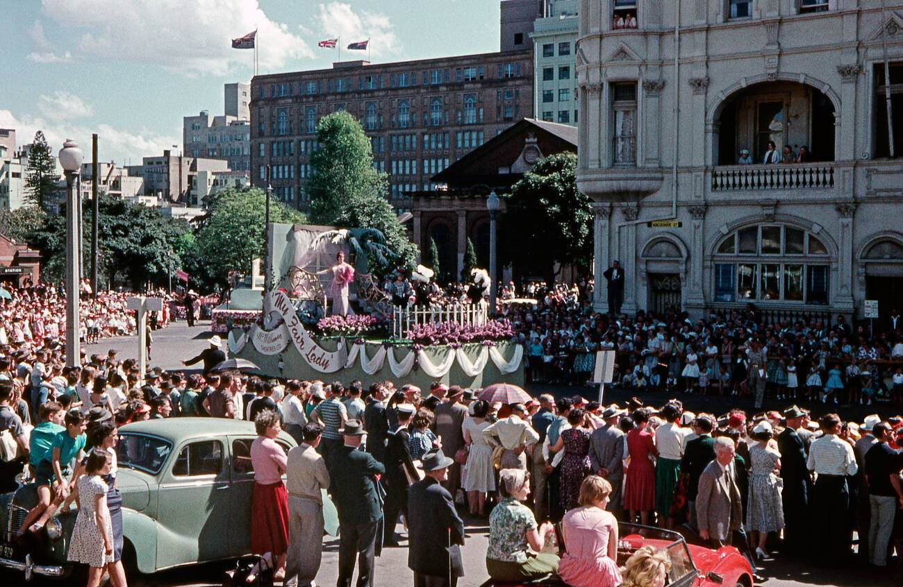 Float for My Fair Lady in annual Waratah Festival parade, spring 1960, Macquarie Street, Sydney, 1960s
