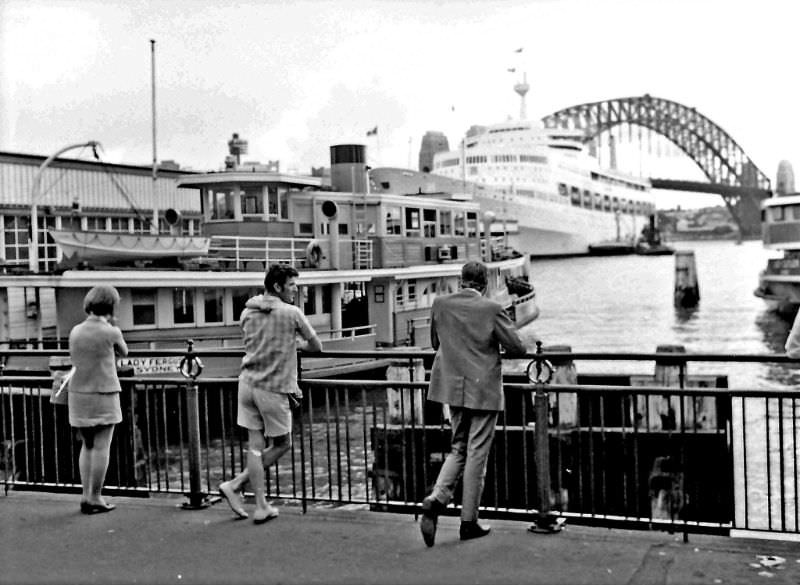 The ferry Lady Ferguson and the Canberra at Circular Quay, Sydney, 1969